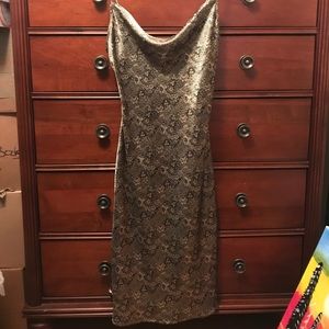 Strapless gold flower dress w/ scooped neck line